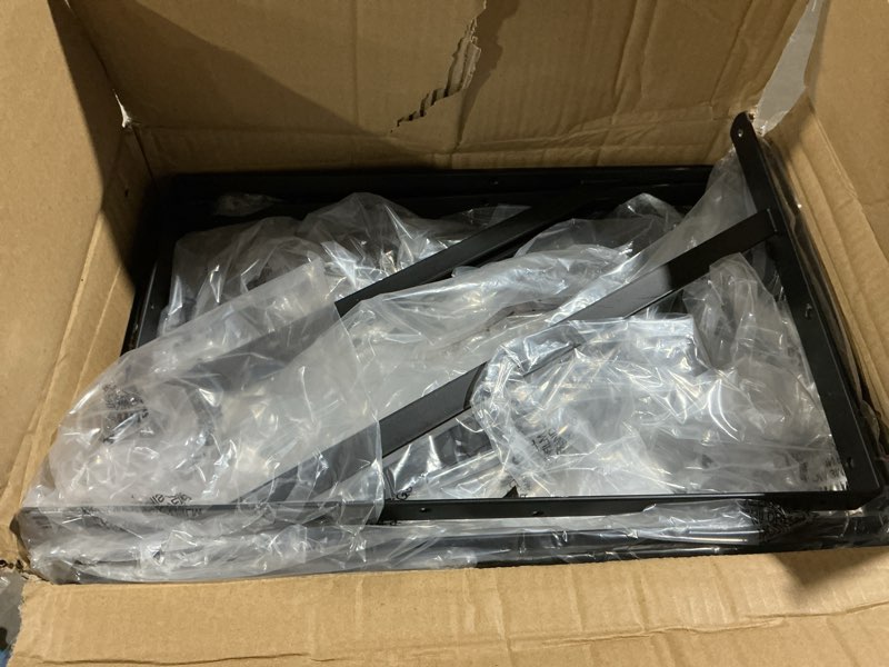 Condition photo showing As Is for 12 pack l18 x h 12" black heavy duty shelf brackets with screws metal shelf brackets shelf support angle brackets for shelves l brackets heavy duty floating shelf 12 pack-black 18''x12''