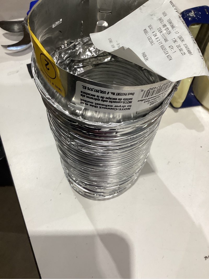 Condition photo showing As Is for lambro rigiflex semi-rigid silver flexible duct with quick connect collars for laundry closet installations