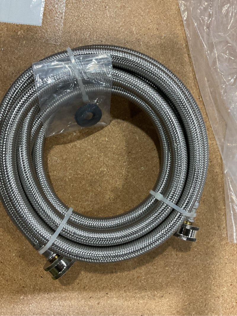 Condition photo showing New/Like New for 12ft washing machine hose, stainless steel braided washer hose supply line with 3/4" fht connectors for long-distance residential water supply, durable and leak-resistant