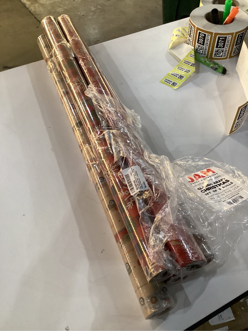 Condition photo showing New/Like New for JAM Paper Assorted Gift Wrap - Christmas Kraft Wrapping Paper - 125 Sq Ft Total - Kraft Christmas Set - 5 Rolls/Pack Kraft Christmas Set 5 Count (Pack of 1)