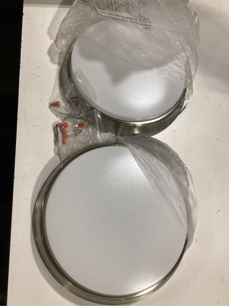 Condition photo showing As Is for incomplete 13 inch 36w dimmable flush mount led ceiling lights, 5cct (2700k-6500k) adjustable & 4000lm super bright led ceiling light fixtures, brushed nickel modern ceiling lamp for bathroom hallway, 2-pack brushed nickle