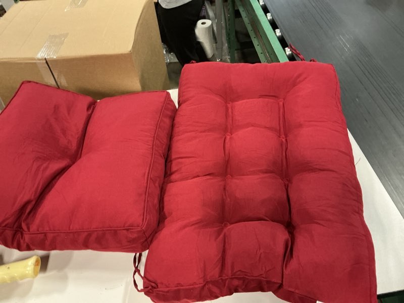 Condition photo showing As Is for SUNROX Memory Foam Non Slip Rocking Chair Cushion, FadeShield Water Resistant Thicken Durable Tufted Pads, Set of Seat & Back Cushion with Ties for Indoor/Outdoor Rocker, 2 Piece, Burgundy Stanrard- 22"X17"/17"X17" Burgundy