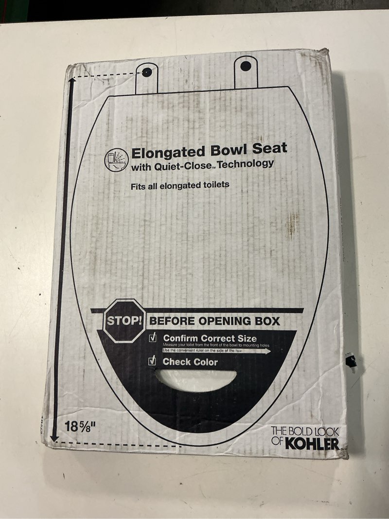 Condition photo showing New/Like New for kohler broadwood quiet-close elongated toilet seat, white | 25881-0, single hinge, easy installation, durable molded wood white elongated single-hinge