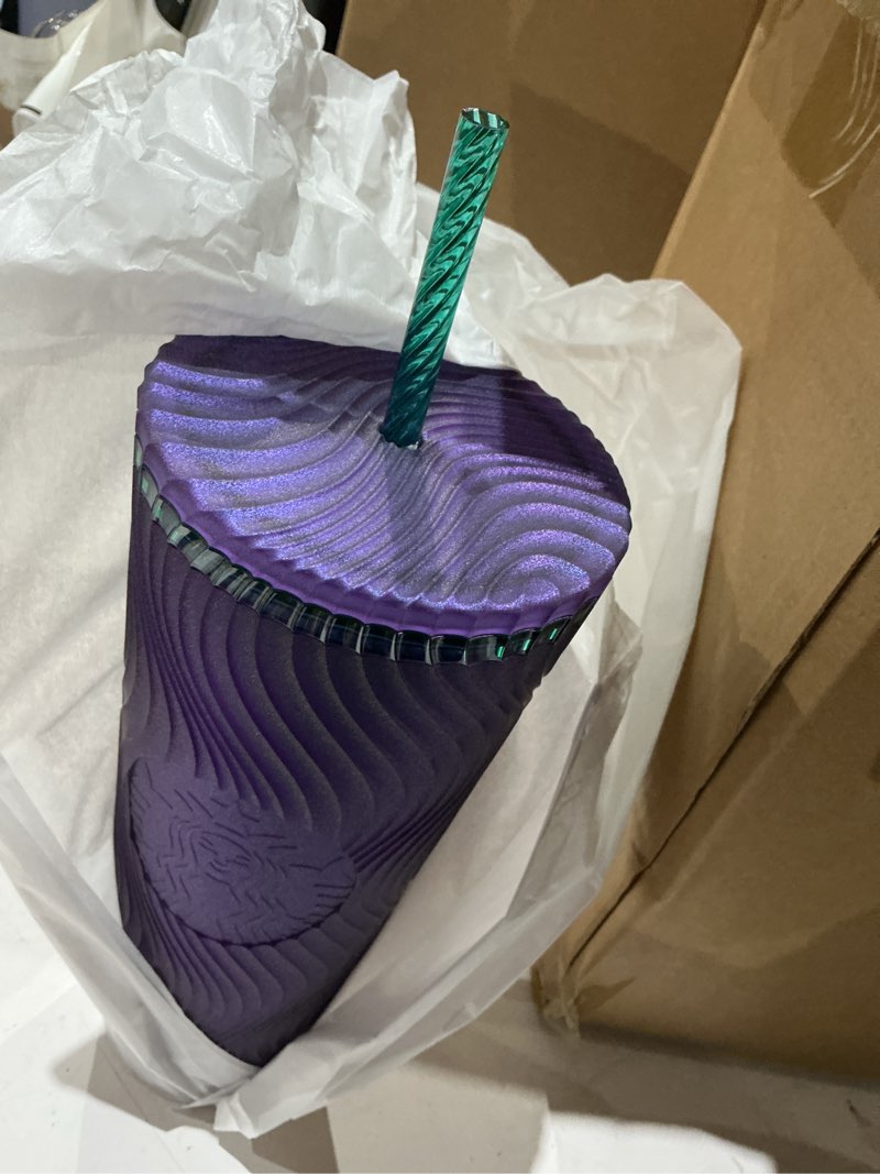 Condition photo showing As Is for pack of 4 starbucks wavy plastic cold cup, 24 oz, reusable tumbler with straw and lid, textured wave design, bpa-free, purple with embossed siren logo(pack of 4)