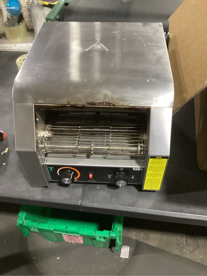 Condition photo showing As Is for vevor commercial conveyor toaster, 300 slices/hour conveyor belt toaster, heavy duty stainless steel commercial toaster oven, electric restaurant commercial toaster for toast bun, bagel, bread 300pcs/hour
