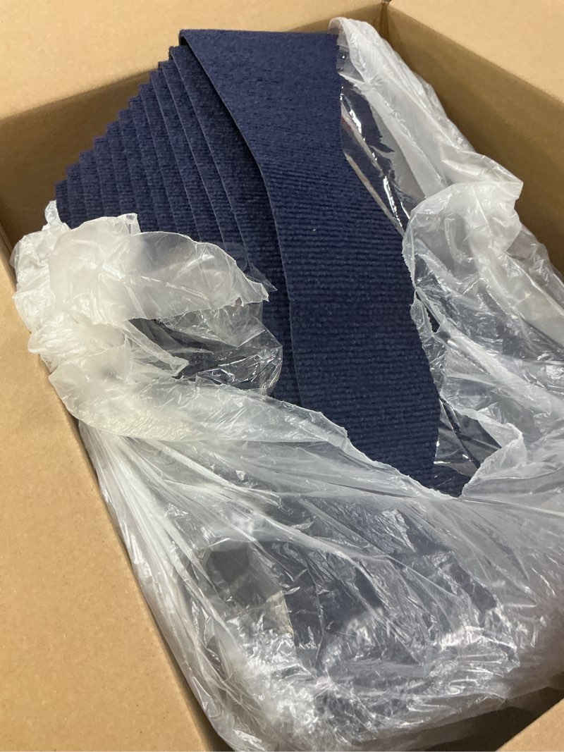 Condition photo showing Good Condition for 12Pcs Carpet Squares 24”x 24” Carpet Tiles Peel and Stick Non-Slip Self Adhesive Floor Tile DIY Reusable Waterproof Carpet for Gym Garage Tiles 24” x 24” 12 PC Dark Blue