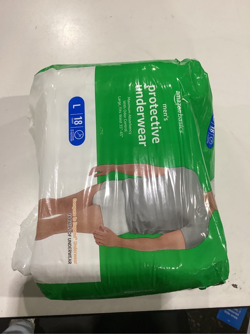 Condition photo showing New/Like New for amazon basics maximum absorbency incontinence underwear for men with leak protection, advanced odor protection, soft cotton feel, large, 18 count large 18.0