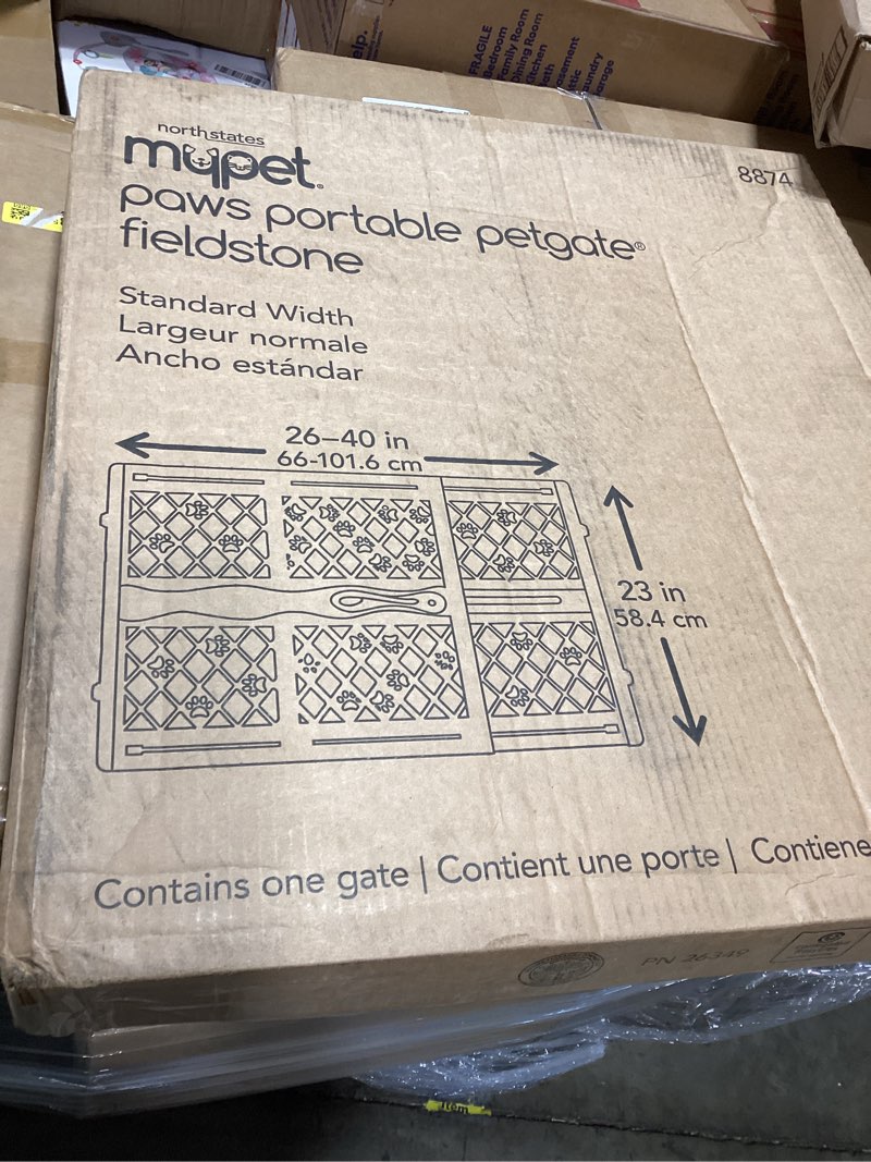 Condition photo showing Good Condition for mypet north states paws portable pet gate: 26-40" wide. pressure mount. no tools needed. made in usa, 23" tall, expandable, durable dog gates for doorways, fieldstone gray