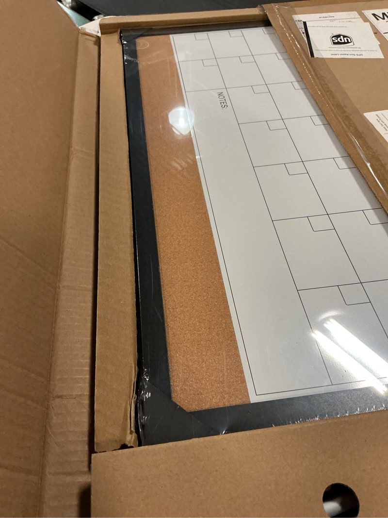 Condition photo showing New/Like New for Dry Erase Calendar Cork Board Combo, 18 x 24 Inches Monthly Calendar Whiteboard for Wall, Magnetic White Board with Wood Framed, Hanging Dry Erase Board for Kitchen Home Office School Planner 24"W x 18"H Wooden Frame