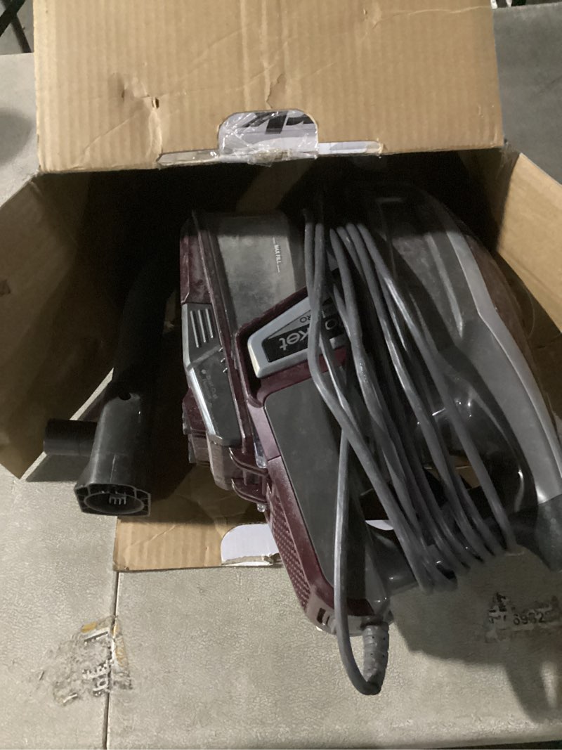 Condition photo showing As Is for shark hv322 rocket pet plus corded stick vacuum with led headlights, xl dust cup, lightweight, perfect for pet hair pickup, converts to a hand vacuum, with (2) pet attachments, bordeaux/silver rocket deluxe w/ headlights