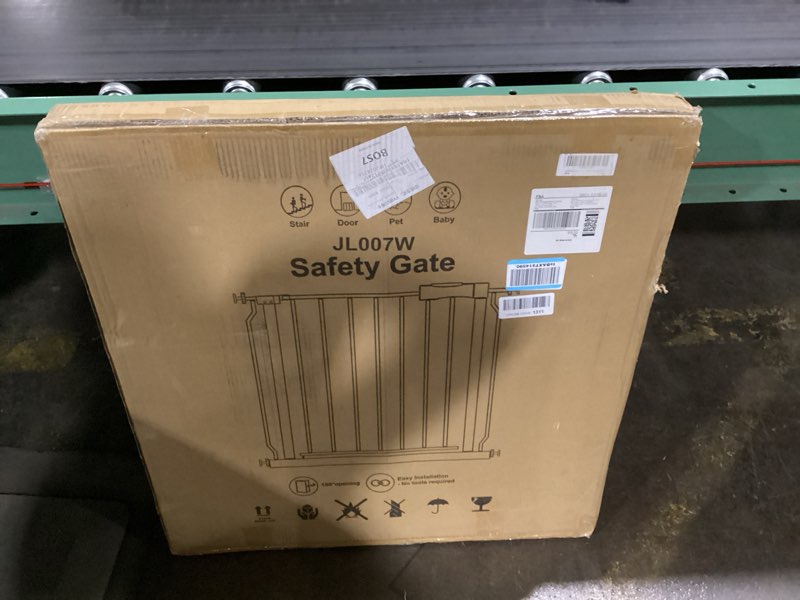 Condition photo showing As Is for Extra Wide Baby Gate 57.5-62.2 Pressure Mounted,Child Dog Pet Safety Gates with Walk Through Door for Doorways Stairs No Drilling in Door,White 57.5--62.2inch