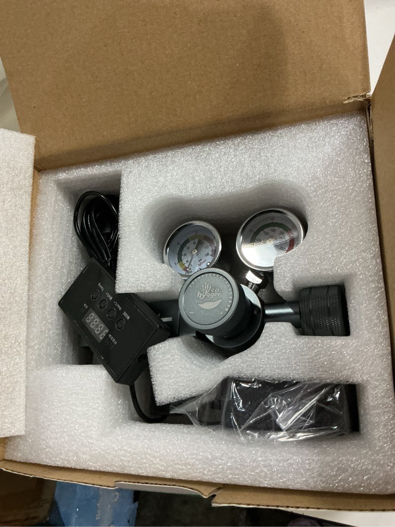 Condition photo showing New/Like New for upgraded aquarium co2 regulator with motorized valve, dual stage adjustable pressure, expandable for two tanks, includes timer and bubble counters for co2 aquarium system