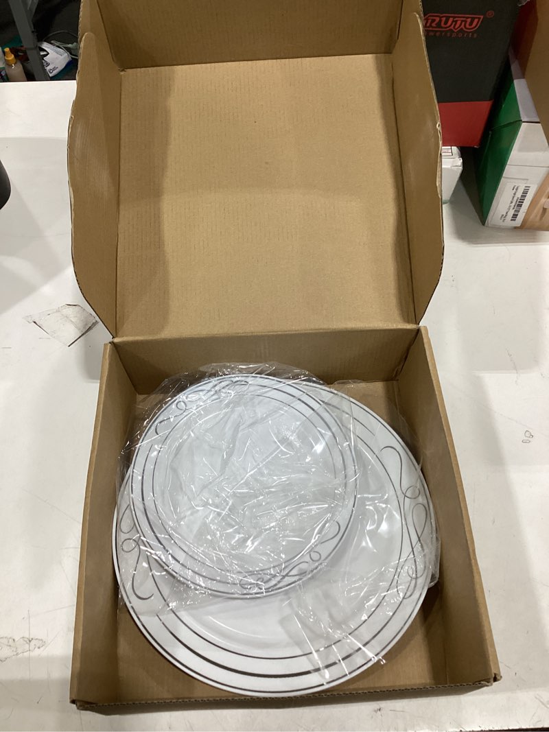 Condition photo showing As Is for bella collection white with silver rim round plastic dessert plates combo set - 10.25", 7.5 (pack of 40) - perfect for weddings, dinner parties, holiday celebrations & more