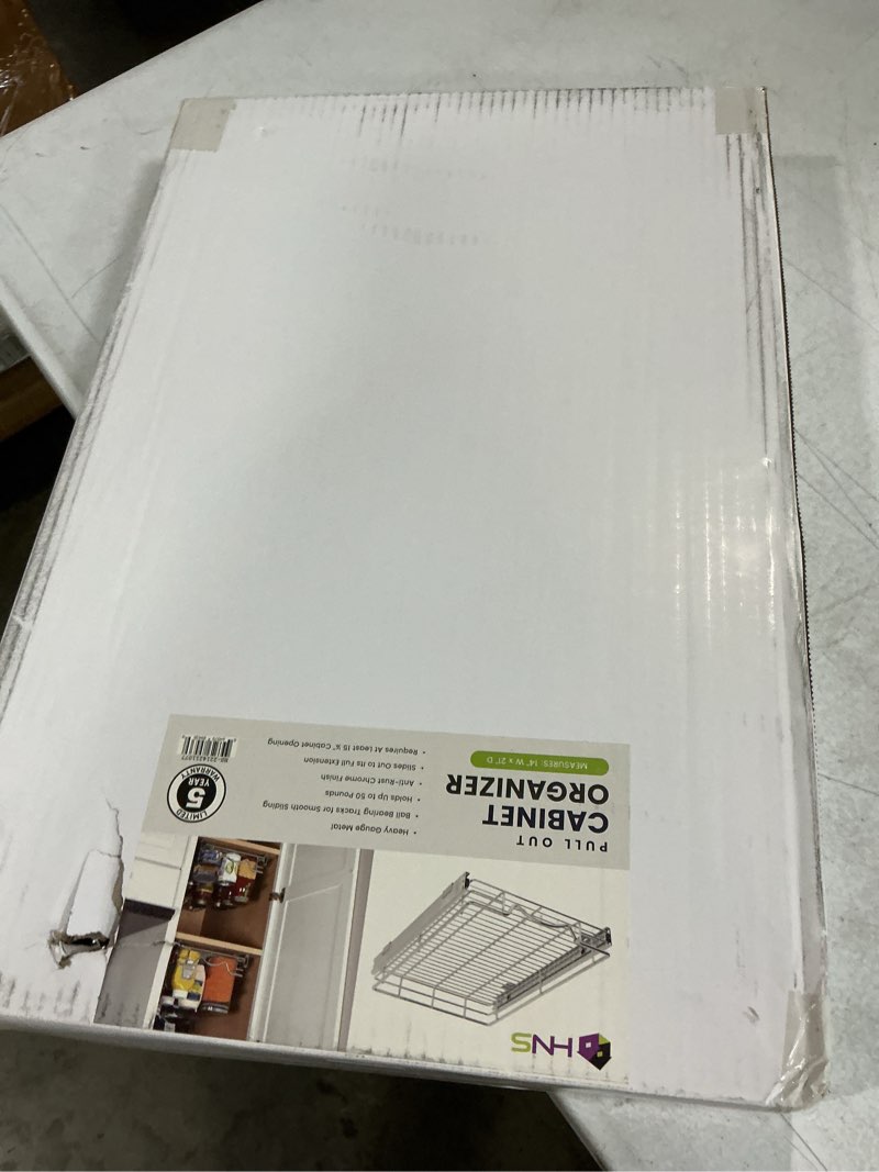 Condition photo showing New/Like New for holdn’ storage pull out cabinet organizer, heavy duty caddy w/lifetime limited warranty -14”w x 21”d - requires at least 15-1/4” cabinet opening, steel metal cabinet drawers slide out, chrome 14" w x 21" d