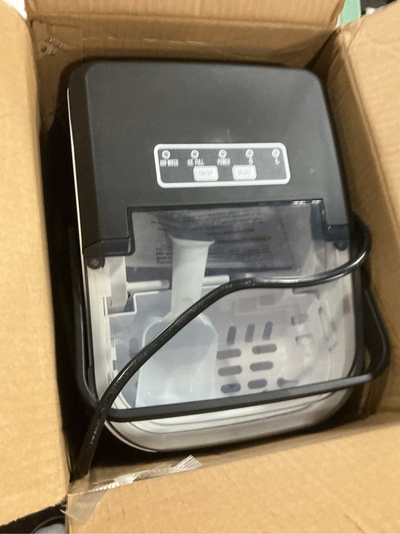 Condition photo showing As Is for countertop ice maker machine, 8 ice cubes in 6 mins, 26lb/day ice with 2 sizes- portable mini, energy saving & basket/scoop for home/party/travel/camping/bar,black dark black 26lbs/24h