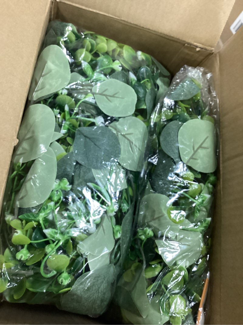 Condition photo showing As Is for 4Pcs Eucalyptus Garland with Lights, Greenery Garland, Green Garland with Flowers, 5.9FT Artificial Faux Eucalyptus Leaves Vines for Table Mantle Home Wedding Party Indoor Outdoor Decor Eucalyptus Garland With Lights 4Pcs