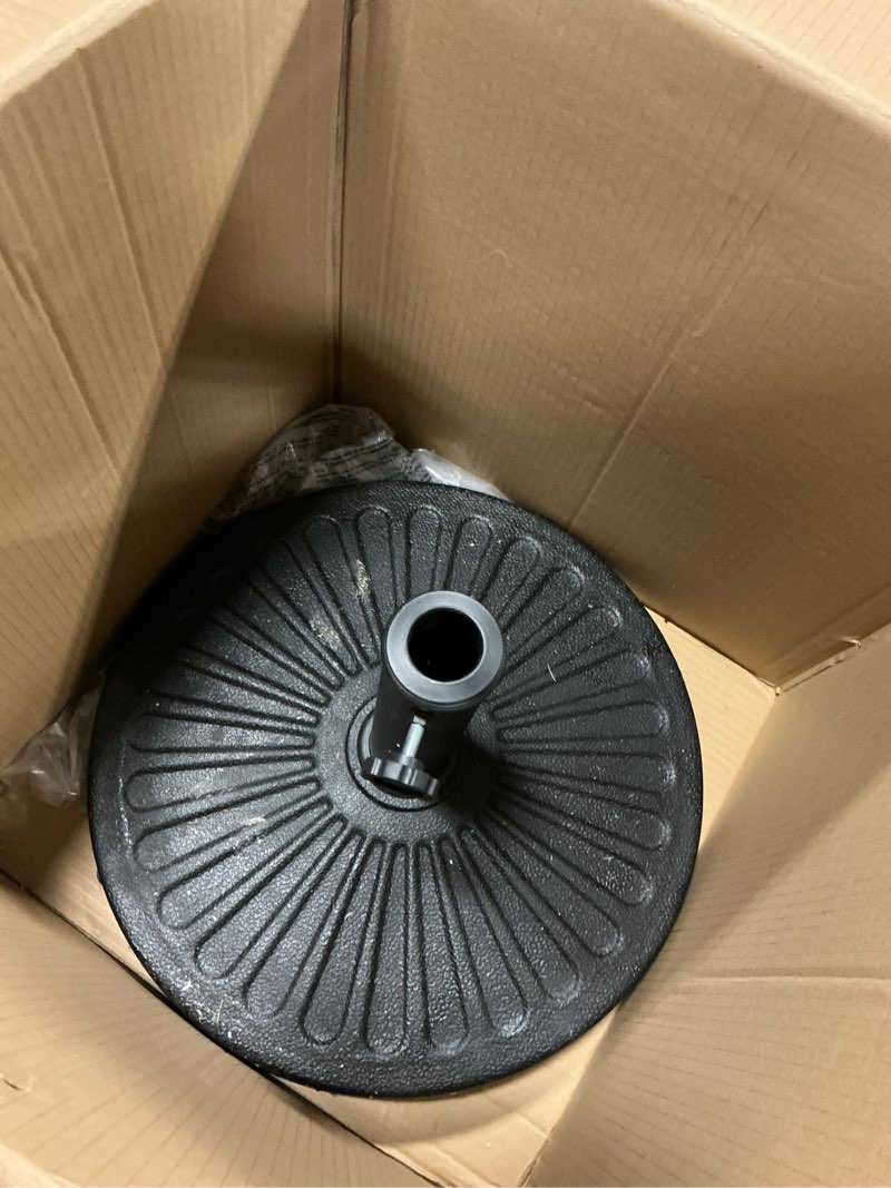 Condition photo showing As Is for jearey 50 lbs heavy duty umbrella base, fillable plastic patio black round