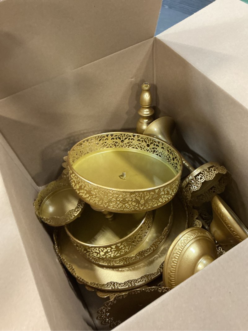 Condition photo showing Good Condition for cake stand set-8 pcs gold cake stand -dessert table display set-cake stands for dessert table-table decoration display tower plate for baby shower, wedding, birthday party, chrismas celebration 8-piece set