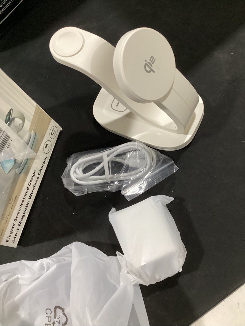 Condition photo showing Good Condition for 2026 new fast 15w 3 in 1 charging station for iphone compatible magnetic | wireless charger station for iphone 17 16 15 14 13 12, airpods and iwatch series, 35w charger included white 3 in 1