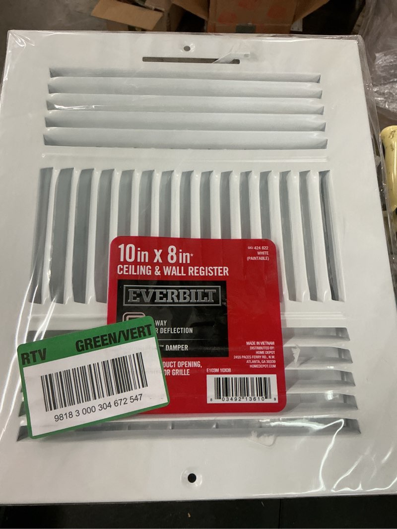 Condition photo showing New/Like New for 10 in. x 8 in. 3-way steel wall/ceiling register in white