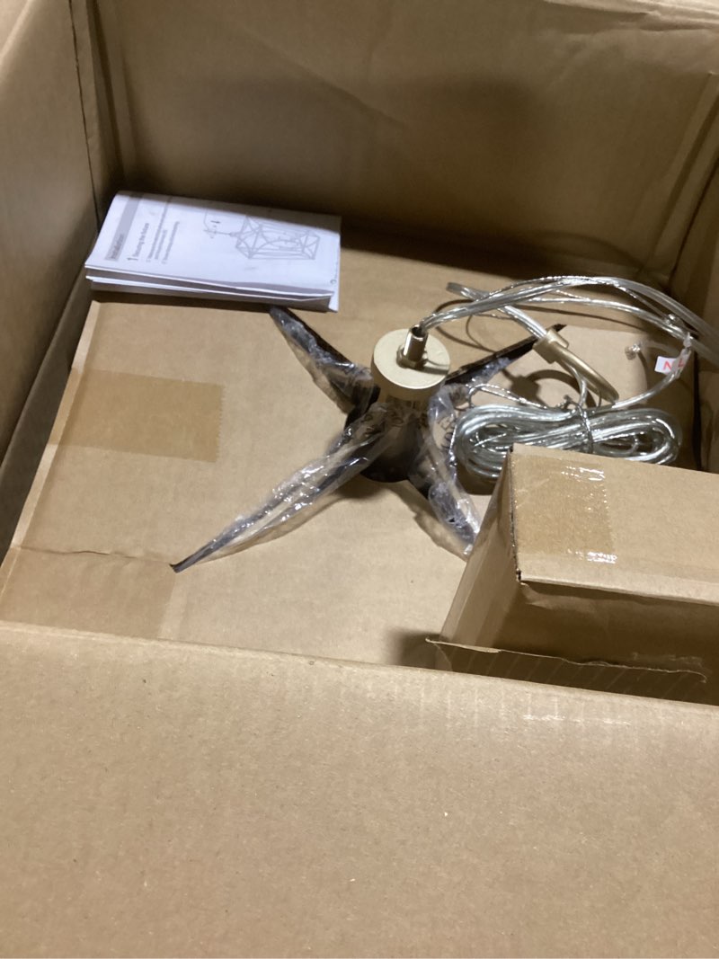 Condition photo showing Good Condition for tribesigns 4-light farmhouse chandelier, gold rustic metal cage adjustable industrial hanging pendant light ceiling fixture for kitchen island, dining room, entryway ul listed, e12 base 2pack 2 pcs gold