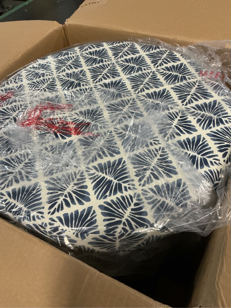 Condition photo showing Good Condition for cole classics round storage ottoman flared wood leg blue/white - homepop: cushioned, polyester upholstery, geometric pattern