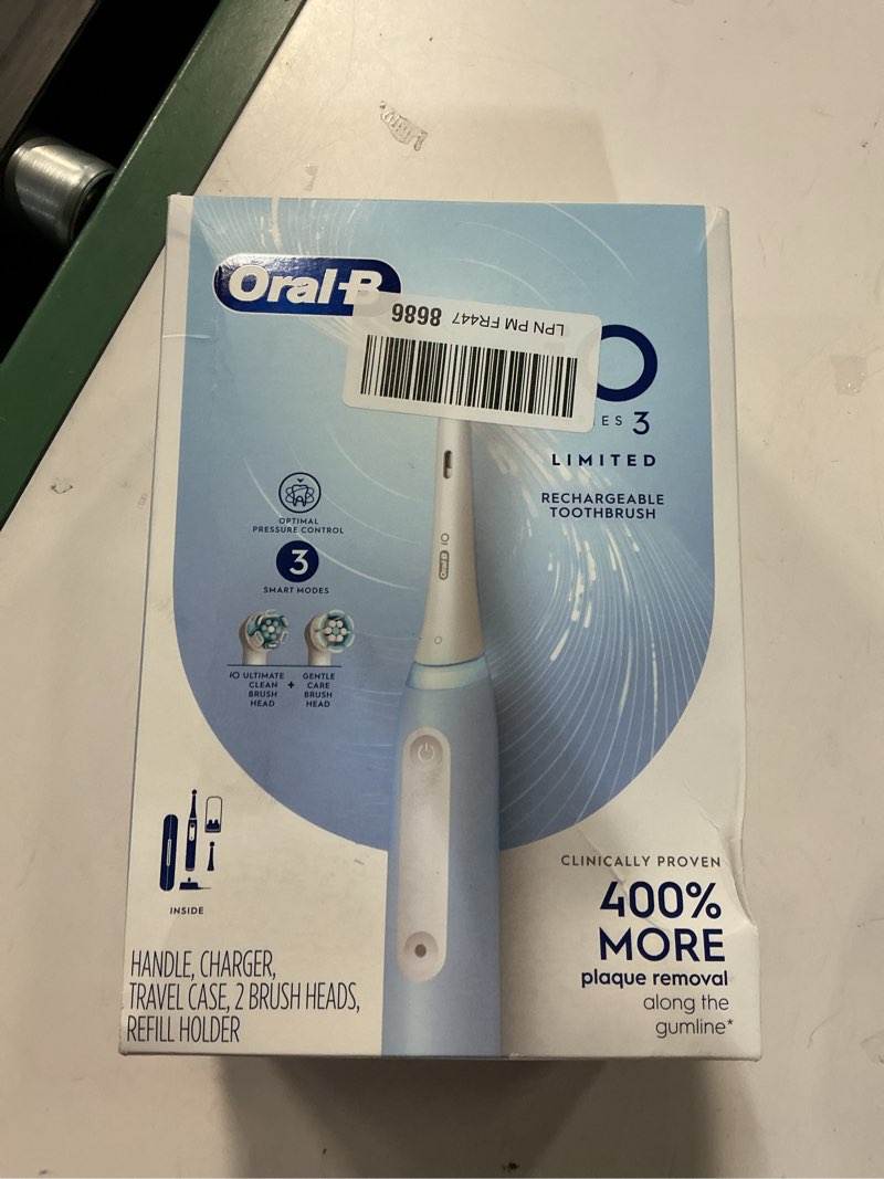 Condition photo showing New/Like New for oral-b io deep clean rechargeable electric powered toothbrush, icy blue with io series 3 limited, 2 brush heads and travel case - pressure sensor to protect gums - 3 cleaning settings - 2 minute timer 1 count (pack of 1) icy blue