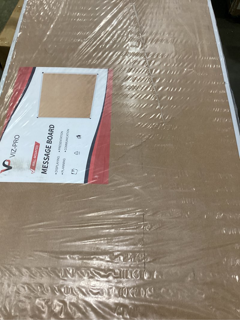 Condition photo showing As Is for viz-pro large cork bulletin board, 72 x 40 inches, wall-mounted corkboard with silver aluminium frame for school, office, and home