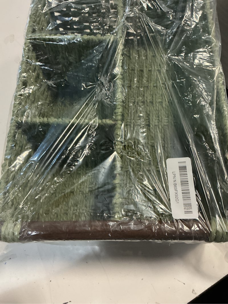 Condition photo showing Good Condition for remerry green bathroom countertop organizer caddy, wicker-like divided basket with handle and metal frame, 4 compartment, paper rope storage organizer for vanity kitchen (15.35 x 10.24 x 6.3 in) green 15.4" x 10.2" x 6.3"