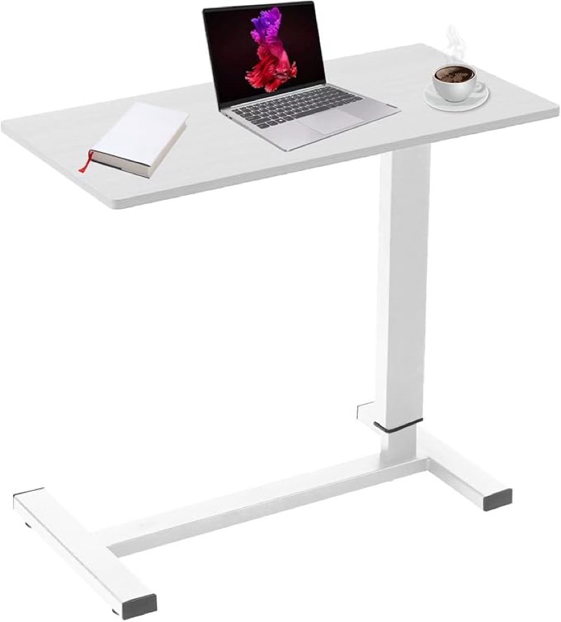 overbed table with swivel hidden wheels adjustable height, pneumatic mobile standing desk laptop bedside table multi-purpose for home and hospital use .