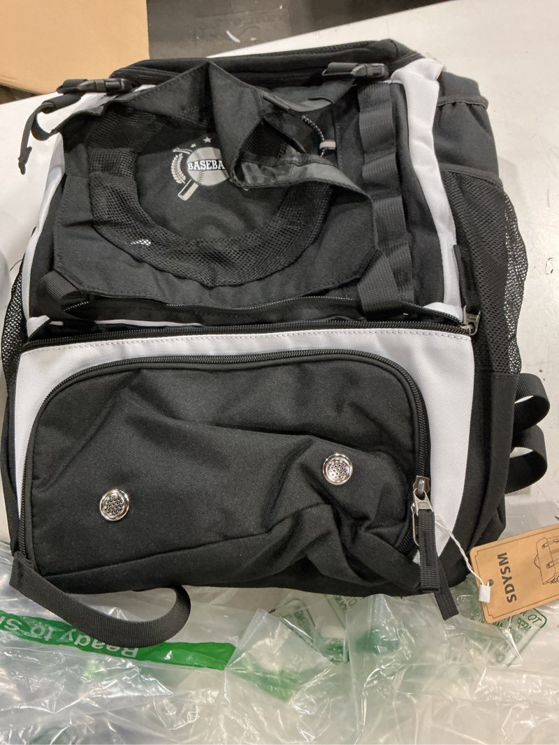 Condition photo showing Good Condition for sdysm baseball bag lightweight softball bags for adults youth 40l large baseball backpack with shoe compartment, helmet holder, fence hook waterproof softball bats bag for t-ball & softball equipment black & white