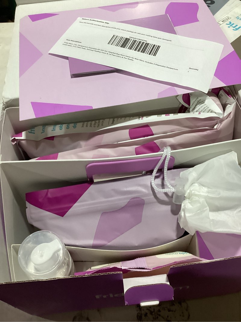 Condition photo showing As Is for frida mom 11pc postpartum essentials kit gift set, hospital bag must haves for new mom, includes 4 disposable postpartum underwear, 4 ice maxi pads, perineal healing foam & 24 pad liners & peri bottle postpartum kit