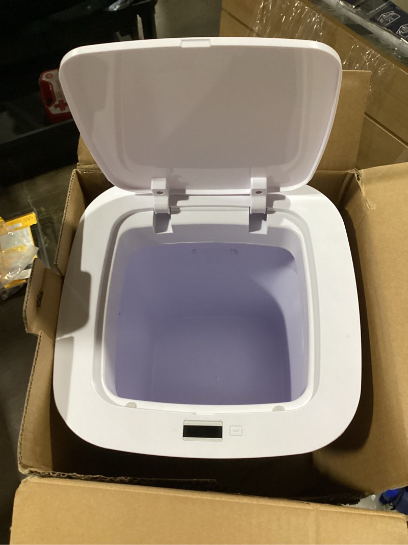 Condition photo showing As Is for allen + roth 10 liter white plastic indoor/outdoor kitchen motion sensing trash can
