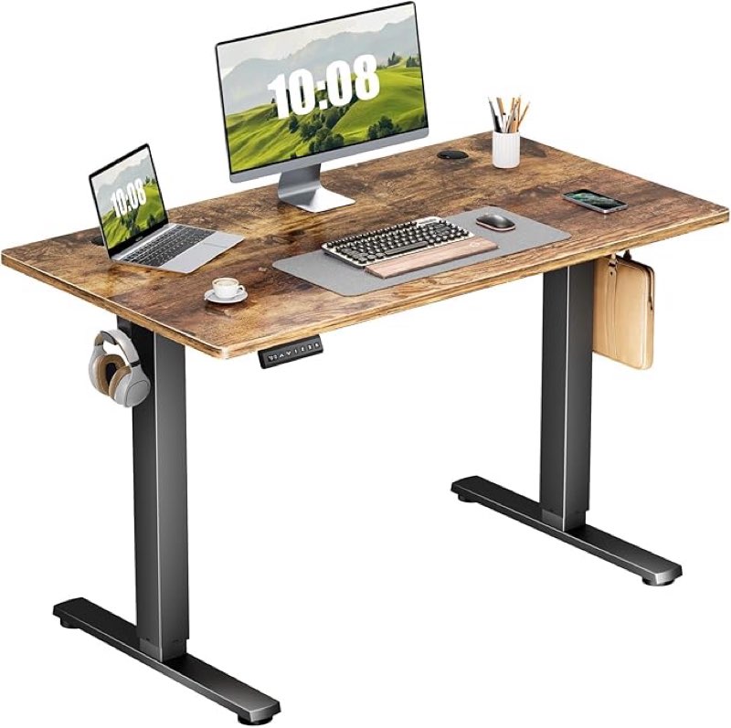 Sweetcrispy Electric Standing Desk - 40 x 24 inch Adjustable Height Sit to Stand Up Desk with Splice Board, Rising Home Office Computer Table with 2 Hook and Wire Hole for Work