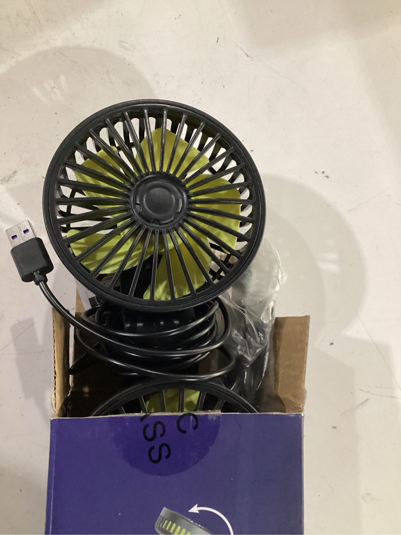 Condition photo showing Good Condition for hayousui usb car cooling fans for backseat: dual head car fan for kids 3 speeds 360° rotatable vehicle rear headrest fans 5v/2a powerful electric air circulation fan for sedan suv rv truck (usb plug) black+green