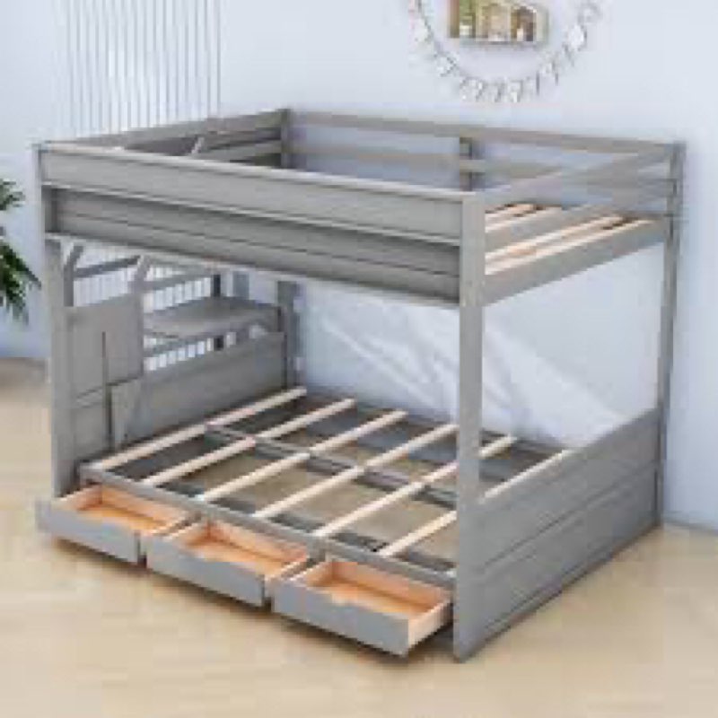 (Incomplete, box 2/3)Dalvey Kids Full Over Full 3 Drawers Convertible Futon Bunk Bed with Storage Staircase