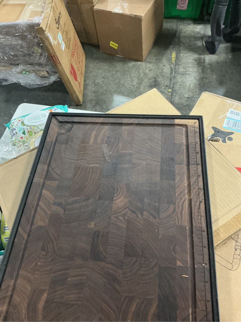 Condition photo showing Good Condition for Mitsuharu End Grain Cutting Board, Reversible Large Thick Black Walnut Wood Charcuterie Board Butcher Block 17"x13"x1.5" for Kitchen Use, with Measurements, Juice Groove, Handles, Sorting Compartments