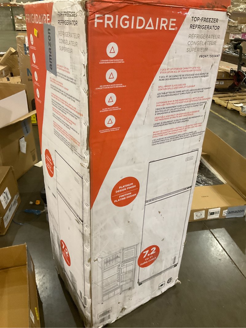 Condition photo showing As Is for Frigidaire, 2 Door Apartment Size Refrigerator with Freezer, 7.5 cu ft, Adjustable Spill-Proof Shelves, Door & Crisper Bins, Platinum Silver, Garage Ready Quicksilver 7.5 cu ft