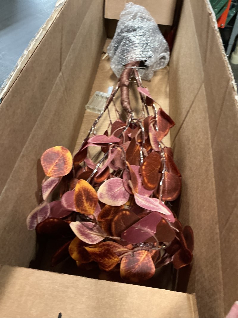 Condition photo showing Good Condition for nearly natural 4-ft pre-lit artificial autumn eucalyptus tree with 160 warm white led lights, faux eucalyptus tree with fall colors for home & office décor in black nursery planter