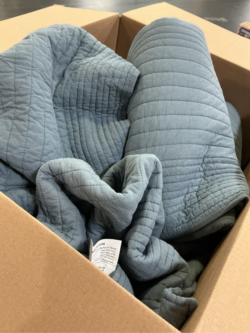 Condition photo showing As Is for palassio striped blue grey 100% cotton quilt king size bedding sets, lightweight crinkly channel pick stitch textured bedspread soft shabby chic farmhouse country coverlet for all season, 2 shams striped-blue grey king