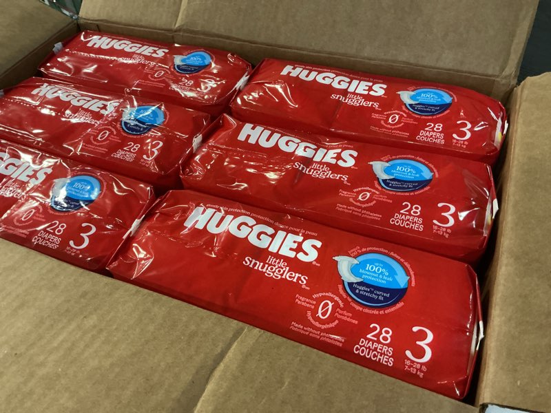 Condition photo showing New/Like New for Huggies Size 3 Diapers, Little Snugglers Baby Diapers, Size 3 (16-28 lbs), 168 Count (6 Packs of 28), Packaging May Vary Size 3 168