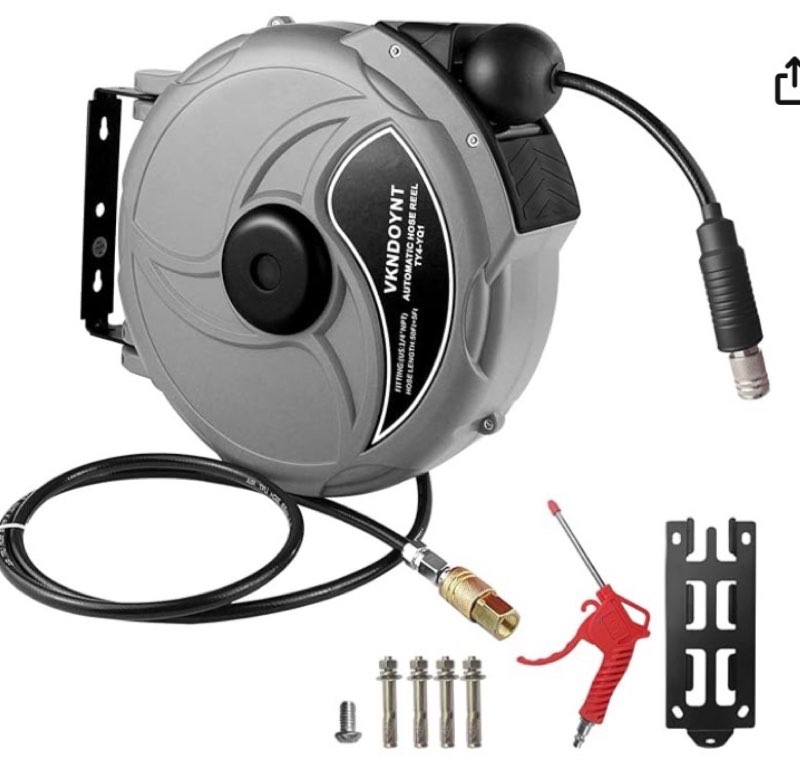 retractable air hose reel, 1/4 in x 50 ft hybrid polymer hose, air compressor hose reel with 5 ft le