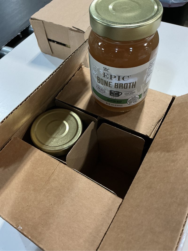 Condition photo showing New/Like New for best by date july 17 2026 epic beef jalapeno sea salt bone broth, keto friendly, paleo friendly, 14 fl oz (pack of 6) beef jalapeño