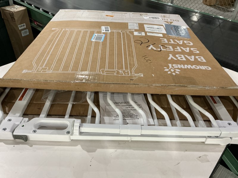 Condition photo showing As Is for Mom's Choice-GROWNSY Baby Gate for Stairs, 29.5"-48.4" Pressure Mounted Baby Gate for Top of Stair&Doorway with V-Shaped Rods, Anti-Trip Pedal, Extra Wide Stairs Dog Gate Easy Install w/Red Reminder White 29"-48"*30"