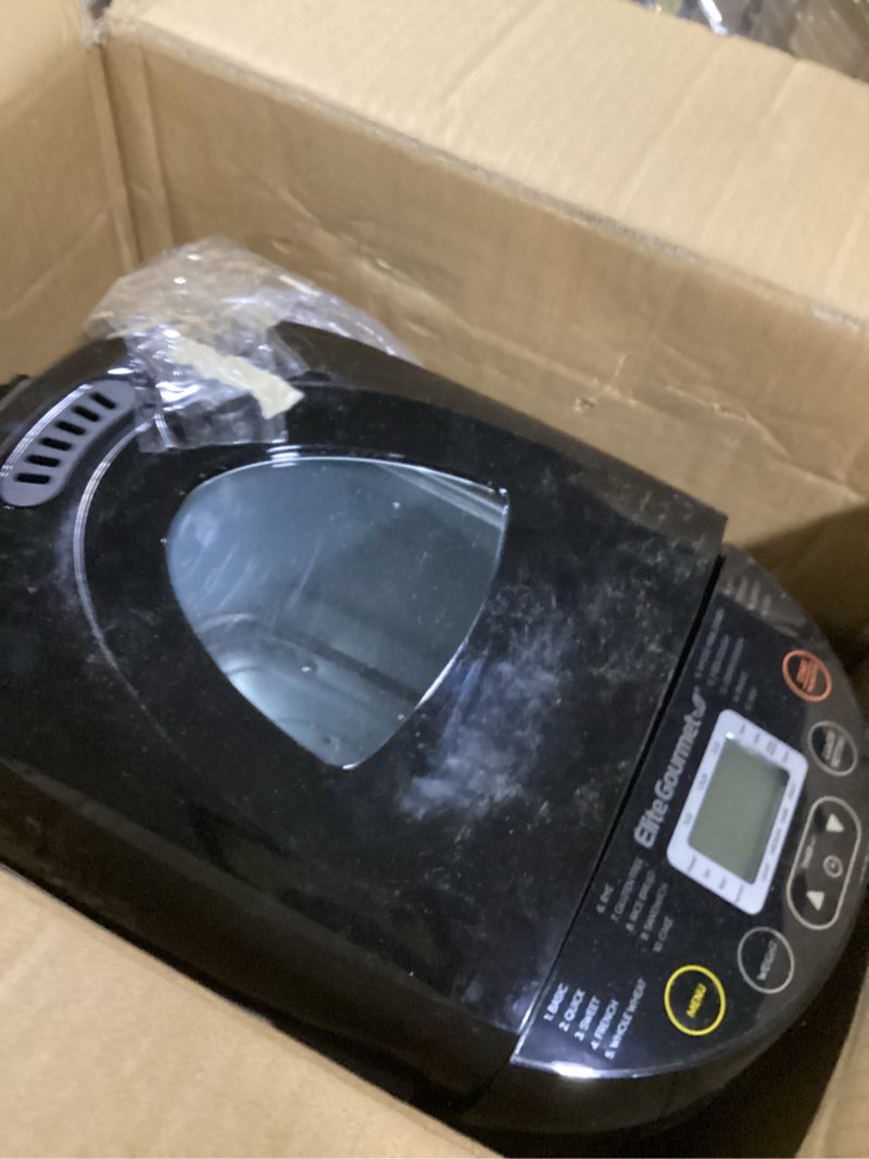 Condition photo showing Good Condition for elite gourmet programmable bread maker, 2 lb loaf, 3 sizes, 19 presets incl. gluten-free, dough & jam, delay timer, black