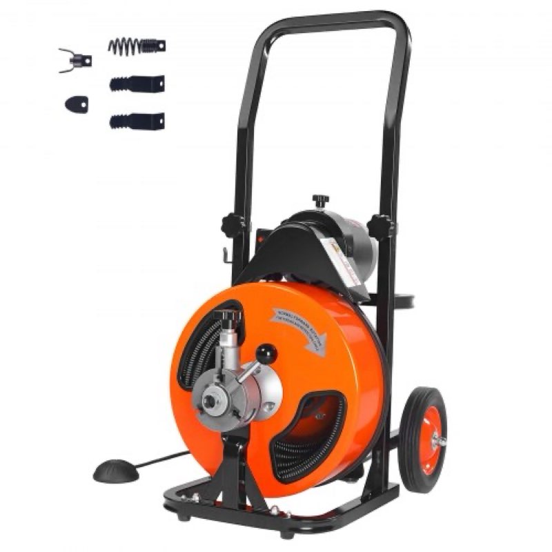 vevor drain cleaning machine 50 ft x 1/2 inch, sewer auger auto feed with 4 cutter & air-activated foot switch for 1" to 4" pipes, orange, black