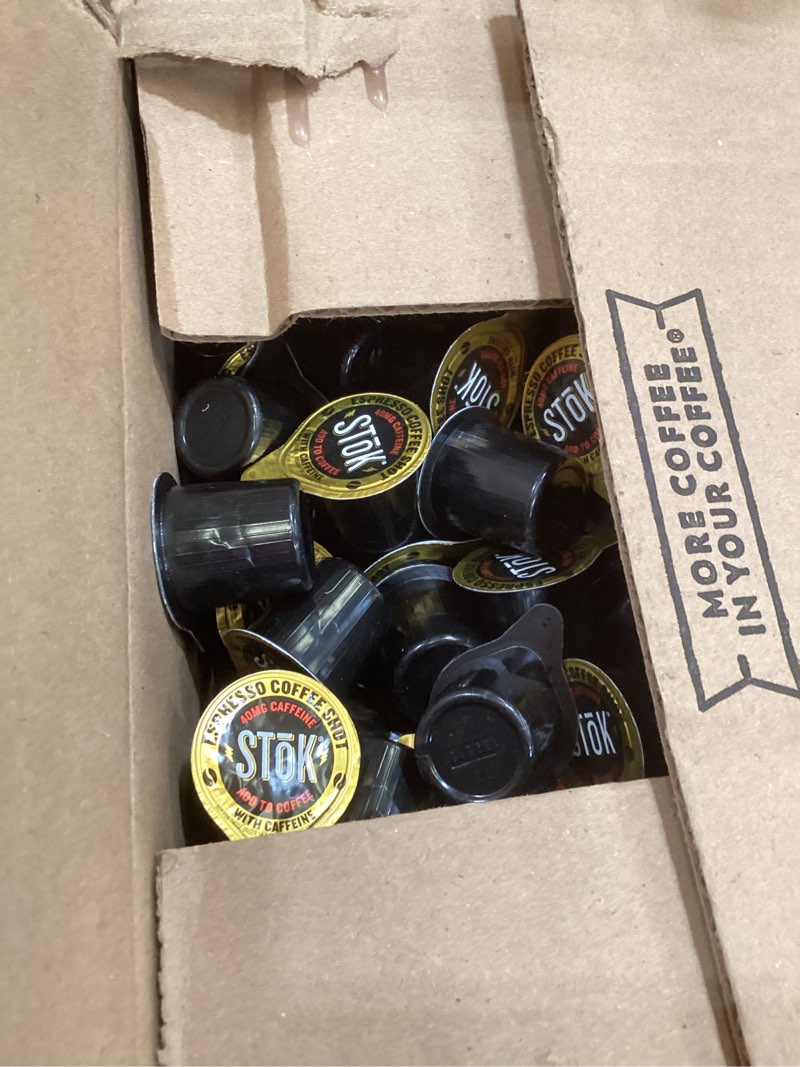 Condition photo showing Good Condition for stok espresso coffee shots, black, unsweetened, dark roast coffee, ready to drink, use for lattes, americanos, 13 ml pods, 264 count