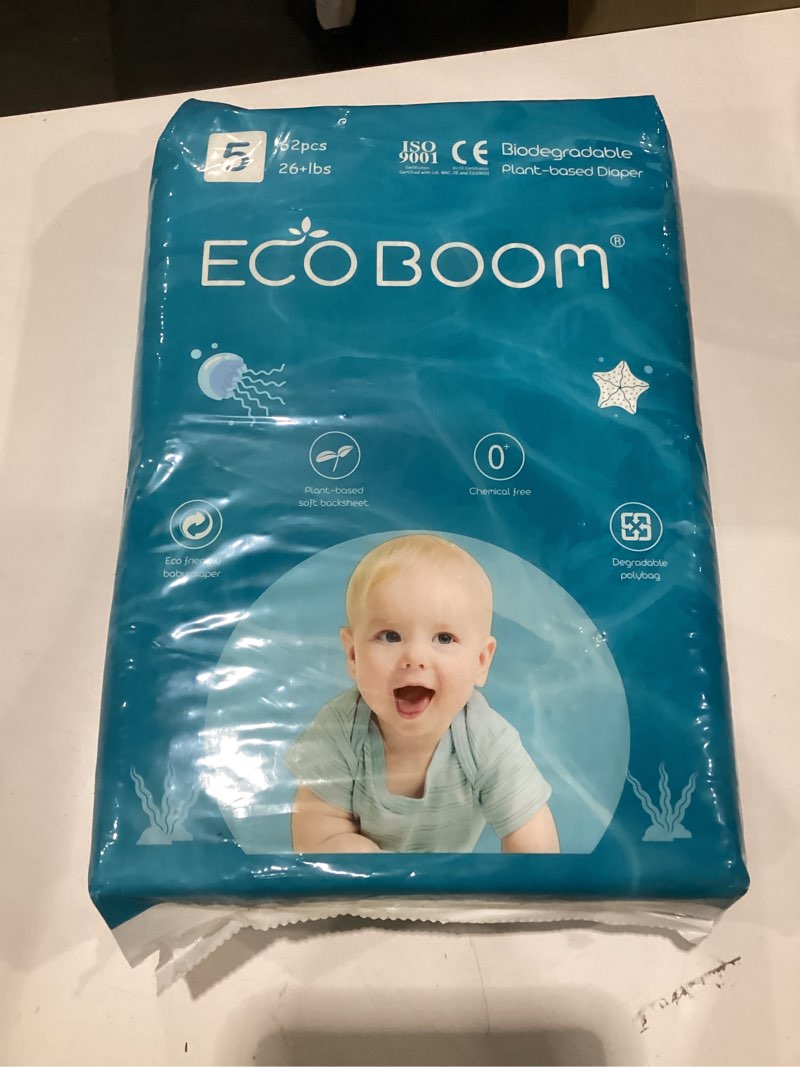 Condition photo showing New/Like New for diapers size 5 (26lbs+), 62 count - eco boom diapers, white, plant-based, disposable diapers, ultimate comfort and protection, super absorbent with wetness indicator
