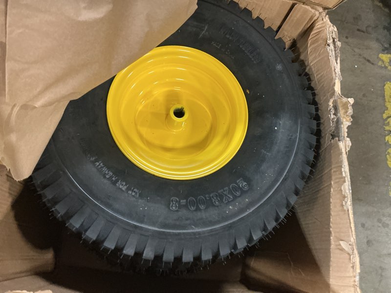 Condition photo showing Good Condition for (2-pack) 20x8.00-8 rear tire and wheel assemblies - 4 ply tubeless tire compatible replacement for riding lawn mowers - 3/4" borehole, 3.5" offset hub and 3/16" keyway 20 x 8.00-8" tubeless (offset hub) yellow