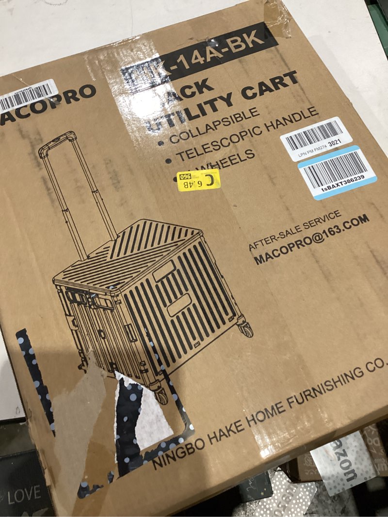 Condition photo showing As Is for Folding Utility Cart Portable Rolling Crate Handcart Shopping Trolley Collapsible Tool Box, with Lid, Basket on 4 Rotate Wheels, for Grocery, Office, Luggage, Teacher (Black)